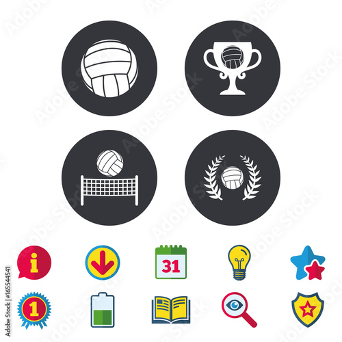 Volleyball and net icons. Winner award cup and laurel wreath symbols. Beach sport symbol. Calendar, Information and Download signs. Stars, Award and Book icons. Light bulb, Shield and Search. Vector