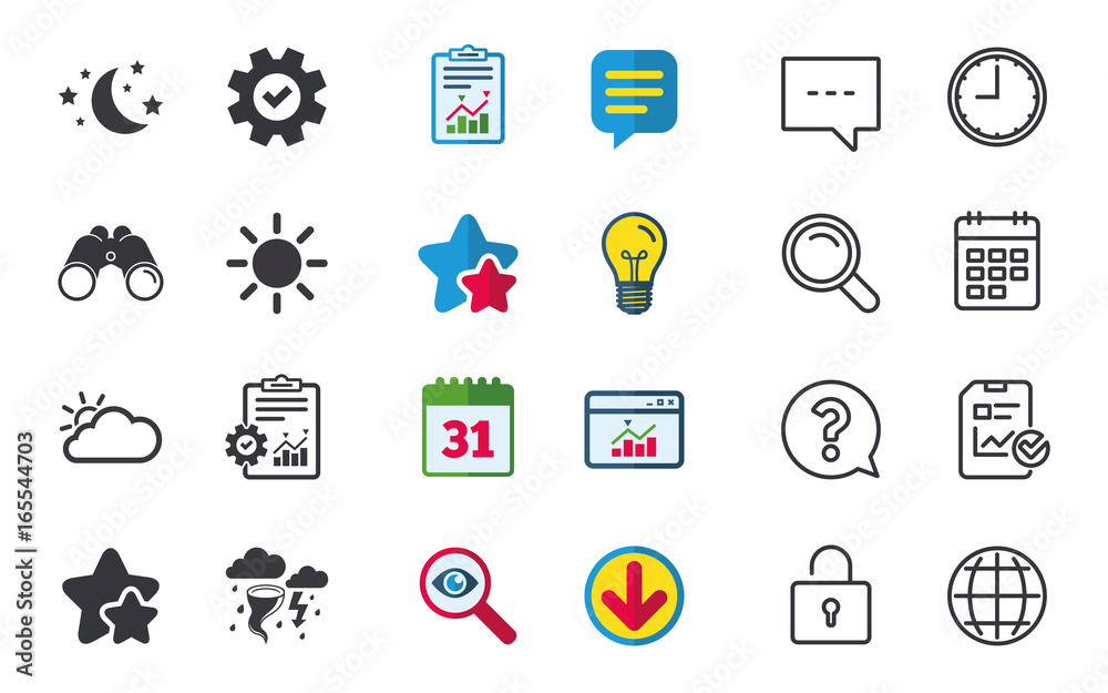 Weather icons. Moon and stars night. Cloud and sun signs. Storm or thunderstorm with lightning symbol. Chat, Report and Calendar signs. Stars, Statistics and Download icons. Question, Clock and Globe Weather icons. Moon and stars night. Cloud and sun signs. Storm or thunderstorm with lightning symbol. Chat, Report and Calendar signs. Stars, Statistics and Download icons. Question, Clock and Globe