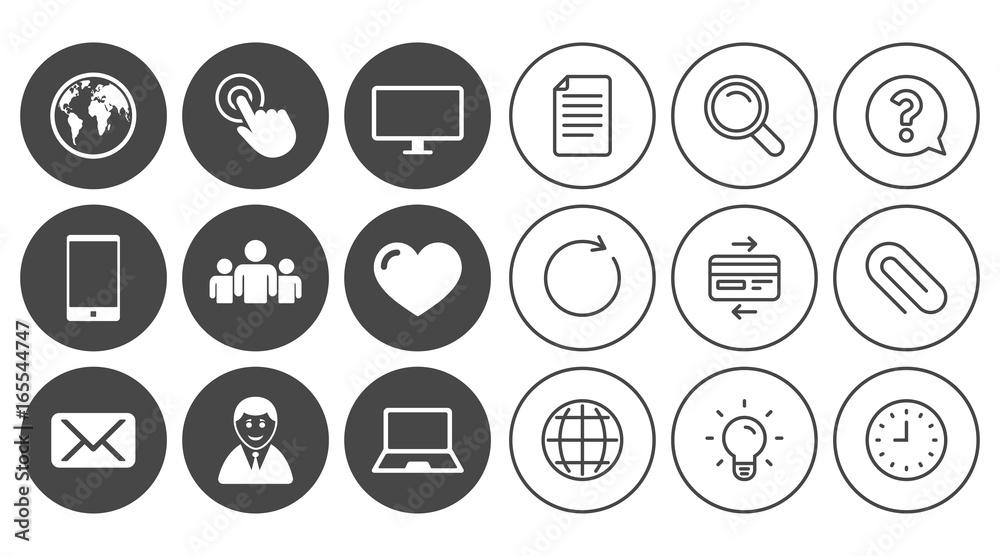 Web, mobile devices icons. Share, mail and like signs. Laptop, phone and monitor symbols. Document, Globe and Clock line signs. Lamp, Magnifier and Paper clip icons. Question, Credit card and Refresh Web, mobile devices icons. Share, mail and like signs. Laptop, phone and monitor symbols. Document, Globe and Clock line signs. Lamp, Magnifier and Paper clip icons. Question, Credit card and Refresh