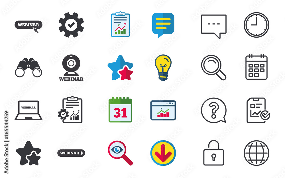 Webinar icons. Web camera and notebook pc signs. Website e-learning or online study symbols. Chat, Report and Calendar signs. Stars, Statistics and Download icons. Question, Clock and Globe. Vector Webinar icons. Web camera and notebook pc signs. Website e-learning or online study symbols. Chat, Report and Calendar signs. Stars, Statistics and Download icons. Question, Clock and Globe. Vector