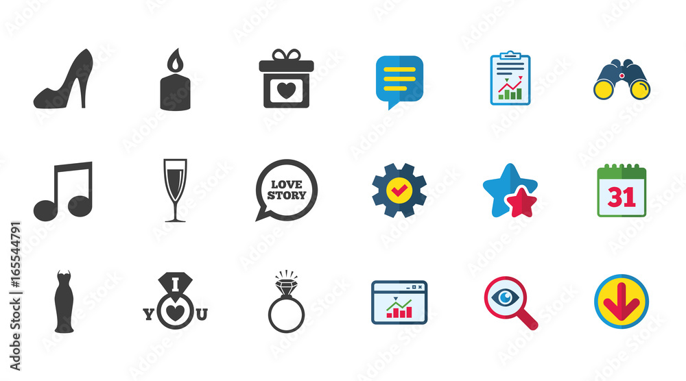 Wedding, engagement icons. Ring with diamond, gift box and music signs. Dress, shoes and champagne glass symbols. Calendar, Report and Download signs. Stars, Service and Search icons. Vector Wedding, engagement icons. Ring with diamond, gift box and music signs. Dress, shoes and champagne glass symbols. Calendar, Report and Download signs. Stars, Service and Search icons. Vector