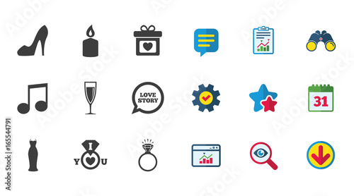 Wedding, engagement icons. Ring with diamond, gift box and music signs. Dress, shoes and champagne glass symbols. Calendar, Report and Download signs. Stars, Service and Search icons. Vector