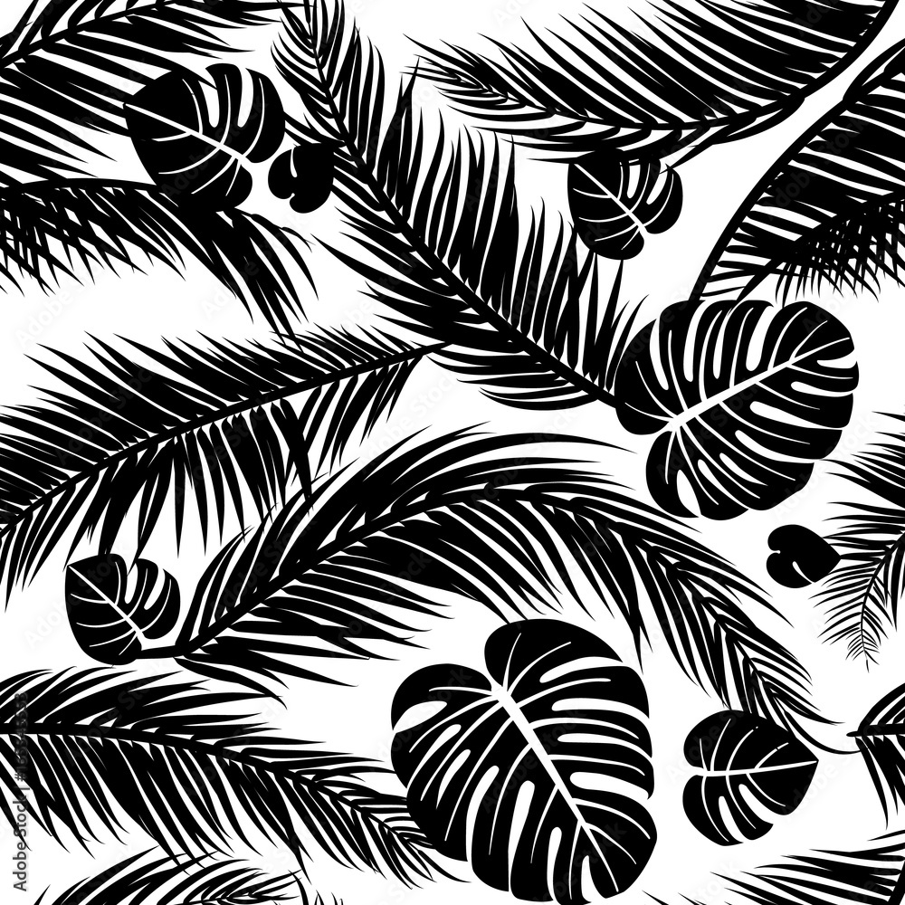 Naklejka premium Seamless pattern with silhouettes of palm tree leaves in black on white background.Seamless Floral Background. Vector illustration