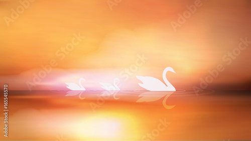 Swan Silhouette and Sunrise on Lake - Vector Illustration.