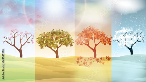 Four Seasons Banners with Abstract Trees and Hills  - Vector Illustration.