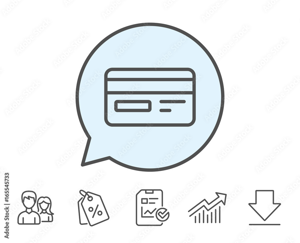 Credit card line icon. Bank payment method sign. Online Shopping symbol. Report, Sale Coupons and Chart line signs. Download, Group icons. Editable stroke. Vector Credit card line icon. Bank payment method sign. Online Shopping symbol. Report, Sale Coupons and Chart line signs. Download, Group icons. Editable stroke. Vector