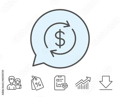 Currency exchange line icon. Money Transfer sign. Dollar in rotation arrow symbol. Report, Sale Coupons and Chart line signs. Download, Group icons. Editable stroke. Vector