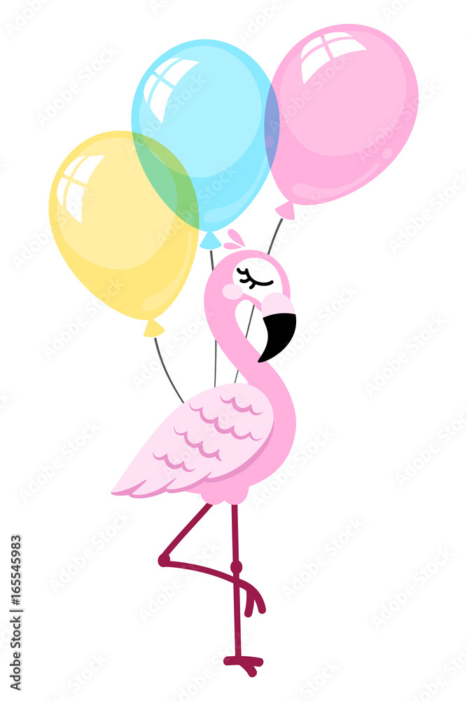 Pink flamingo isolated on white background with balloons. Vector illustration