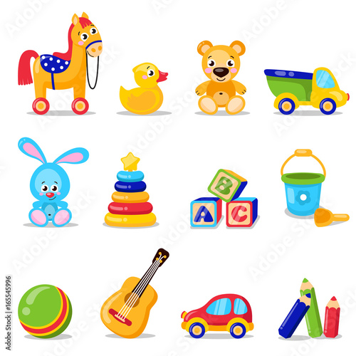 Toys set isolated on white background. Including horse, teddy bear, ball, cubes toys . Vector illustration preschool activity children toys set isolated on white background © anhut