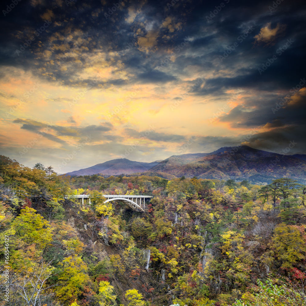 Autumn Colors Of Naruko Gorge In Japan And Nice Blue And Cloud Background Stock Photo Adobe Stock