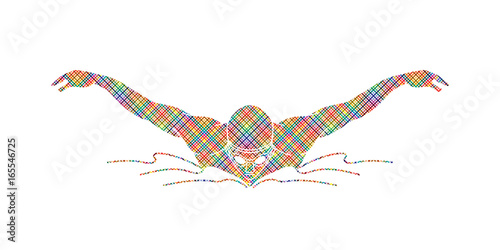 Swimming butterfly, man swimming designed using colorful pixels graphic vector