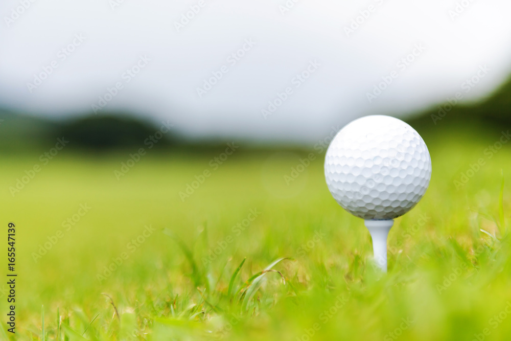 Close up of Golf ball on tee on golf course Close up of Golf ball on tee on golf course