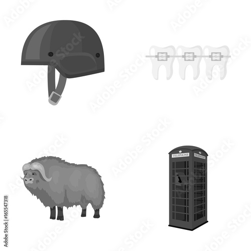 Soldier's helmet, teeth and other monochrome icon in cartoon style. bull, telephone booth icons in set collection.