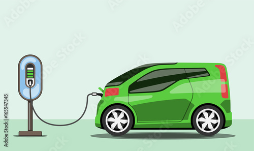 Electric car charging at ev power station. Electric vehicle getting energy. Side view. Flat style. Electromobility concept. Vector illustration.