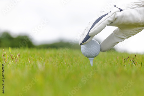 Hand holding golf ball with tee on golf course