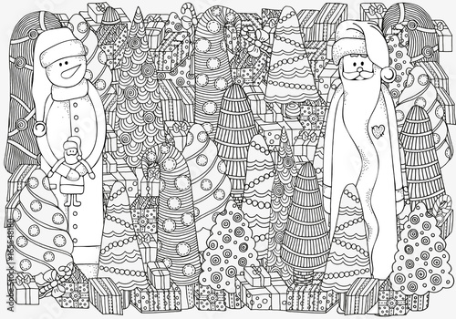 Pattern for coloring book of Christmas trees, gifts, Santa, Snowman in vector. A4 size. Fancy Christmas trees, balls. Black and white.