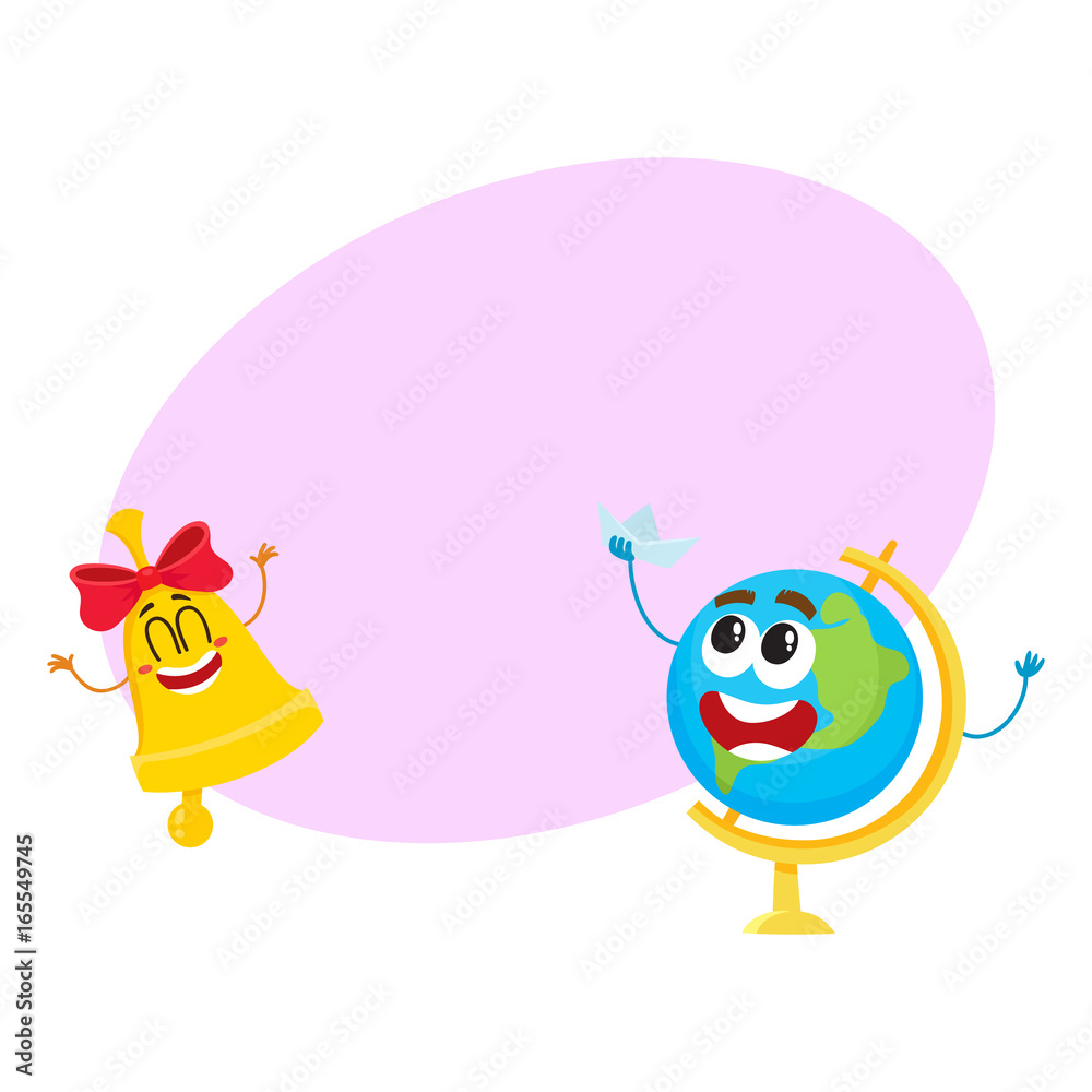 Fototapeta premium Cute and funny smiling globe and golden bell characters, back to school concept, cartoon vector illustration with space for text. Happy school bell and globe characters, mascots