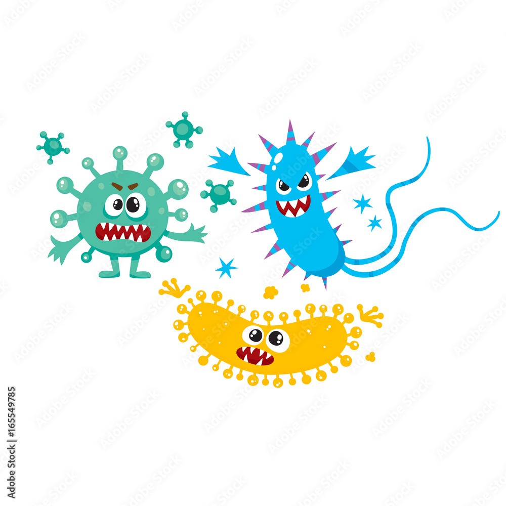 Set of ugly virus, germ and bacteria characters, cartoon vector illustration on white background. Collection of ugly, scary bacteria, virus, germ monsters with human faces and sharp teeth Set of ugly virus, germ and bacteria characters, cartoon vector illustration on white background. Collection of ugly, scary bacteria, virus, germ monsters with human faces and sharp teeth