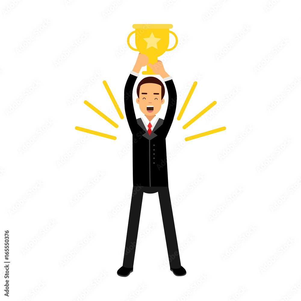 Businessman standing and holding winner golden cup over his head, business challenge and success vector Illustration