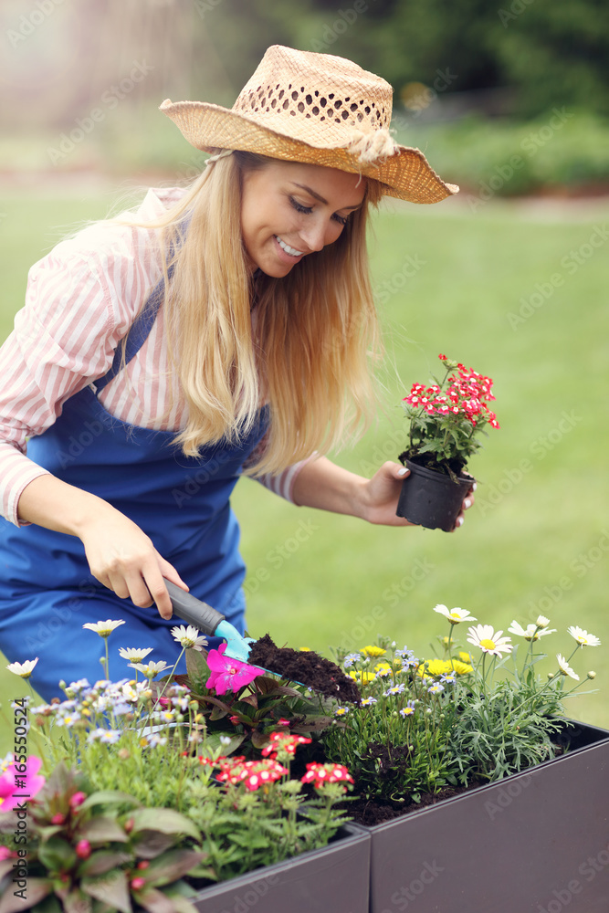 Woman growing flowers outside in summer