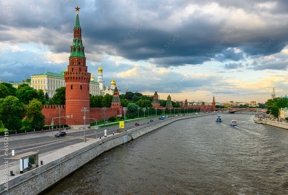 Moscow Kremlin, Kremlin Embankment and Moscow River in Moscow, Russia. Architecture and landmark of Moscow Moscow Kremlin, Kremlin Embankment and Moscow River in Moscow, Russia. Architecture and landmark of Moscow