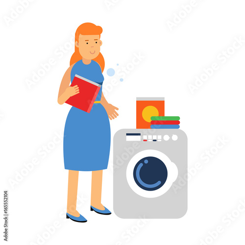 Beautiful young redhead woman doing laundry, holding box of washing powder next to washing machine, home cleaning and homework vector Illustration