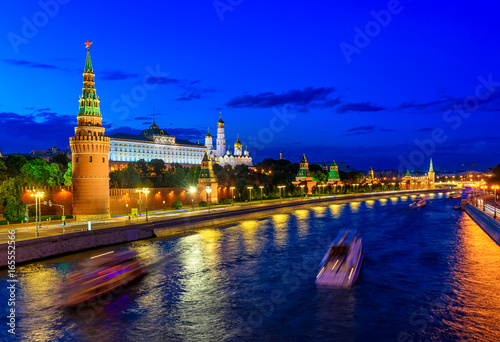 Moscow Kremlin, Kremlin Embankment and Moscow River at night in Moscow, Russia. Architecture and landmark of Moscow