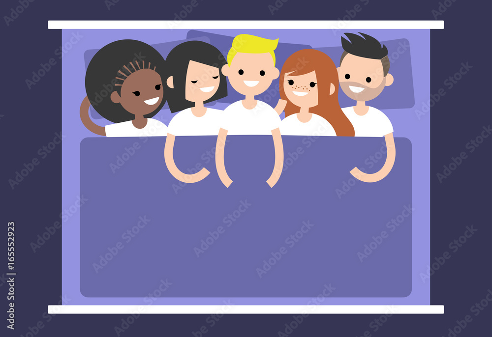 Polyamory conceptual illustration. A group of young people lying in the bed / flat editable vector illustration, clip art Polyamory conceptual illustration. A group of young people lying in the bed / flat editable vector illustration, clip art