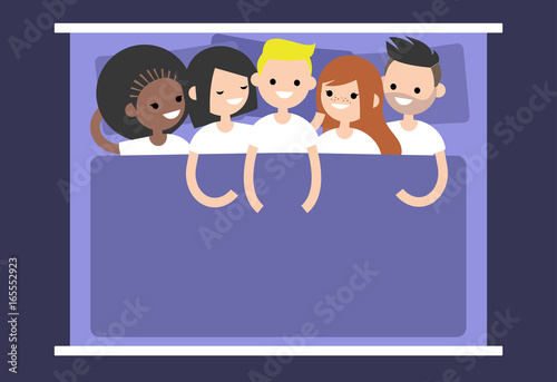 Polyamory conceptual illustration. A group of young people lying in the bed / flat editable vector illustration, clip art