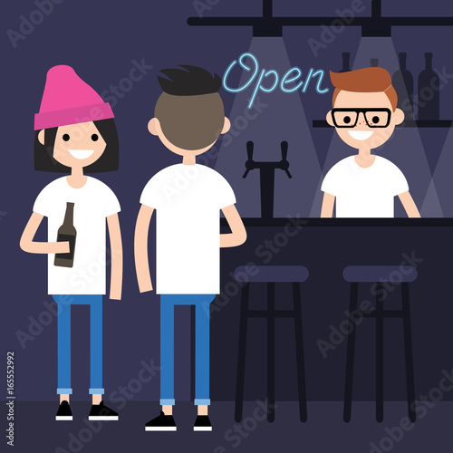 Young characters drinking beer in a bar / flat editable vector illustration, clip art