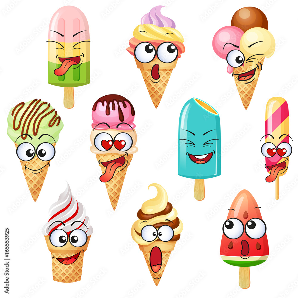 Cartoon ice cream characters. Ice cream emoticons