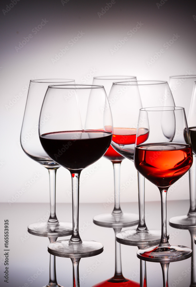 Set of party hight wine glasses with red, white and rose wine close up Set of party hight wine glasses with red, white and rose wine close up