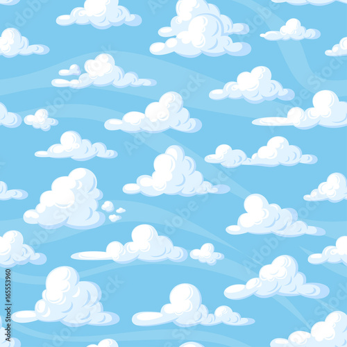 Seamless pattern with cartoon clouds on blue background photo