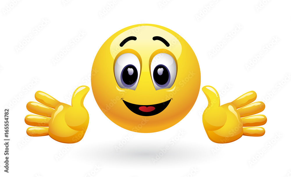 Smiley gesturing with his hands. Emoticon open arms, showing positive