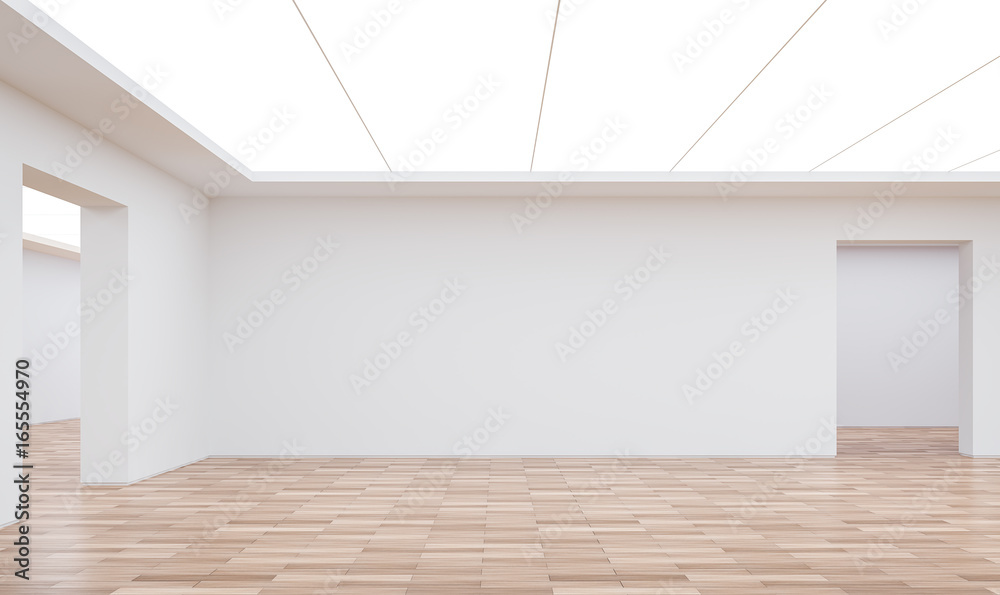 Empty white room modern space interior 3d rendering image.White room Many rooms are connected.There are wood floor,white wall