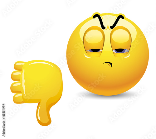 Angry smiley showing thumb down. Emoticon thumb down showing negative assessment.