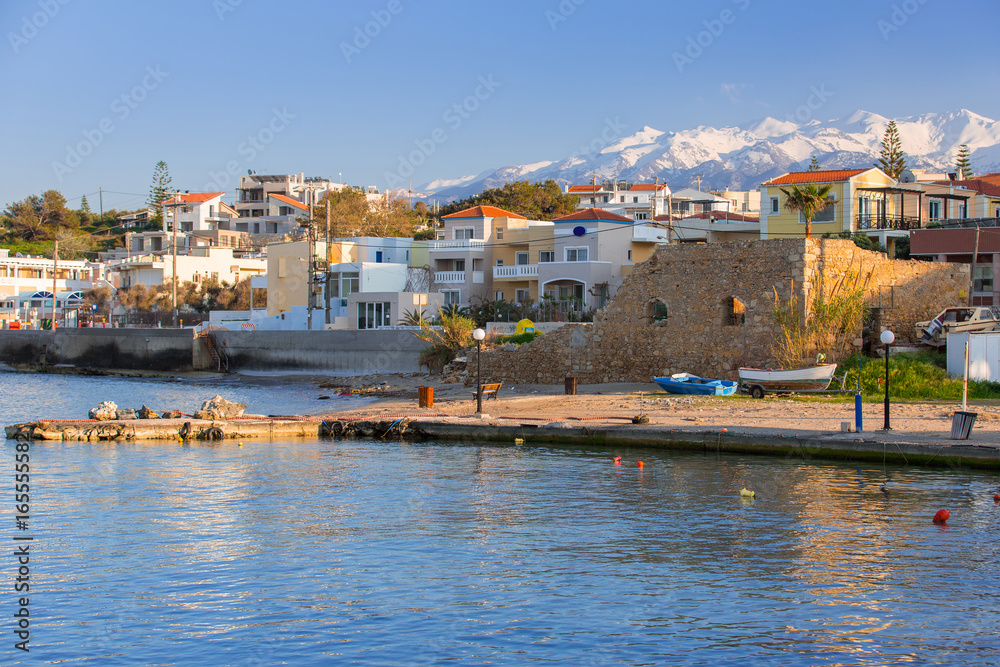 Coastline of Kato Galatas town with Samaria mountains on Crete, Greece