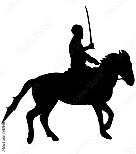 silhouette of a man riding a horse with a sword