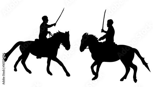 Vector, isolated silhouette man riding a horse with a sword, warrior