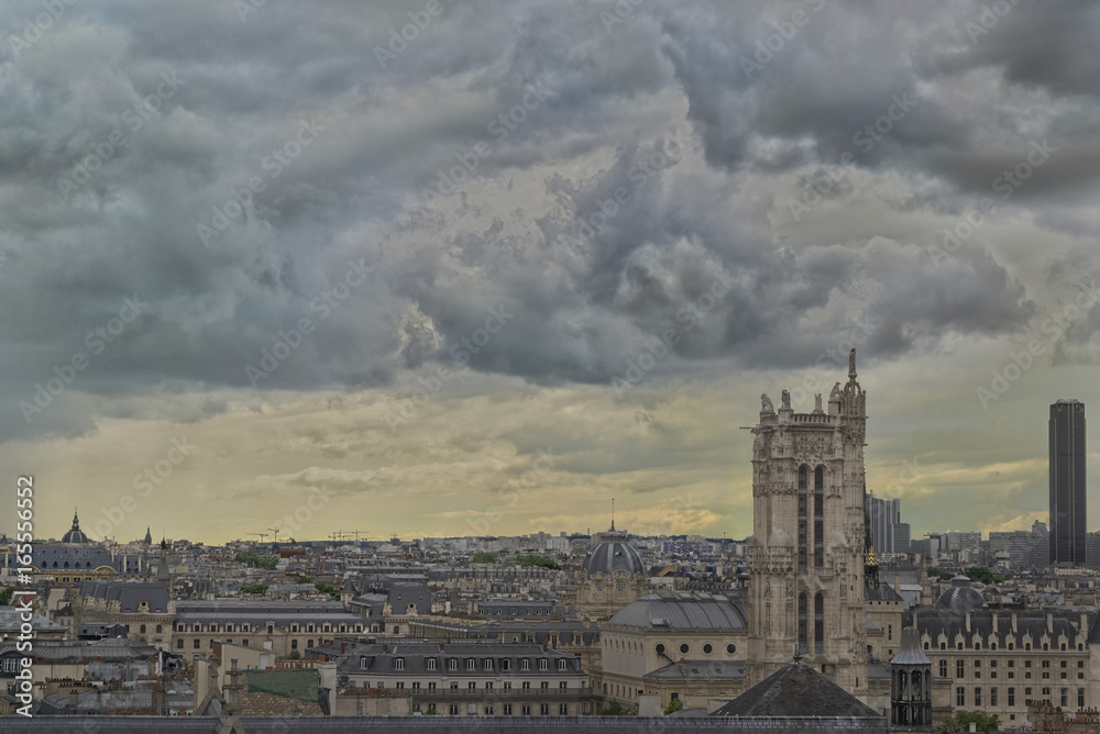 The clouds over the center of Paris seen from the top floor of the Pompidou Center