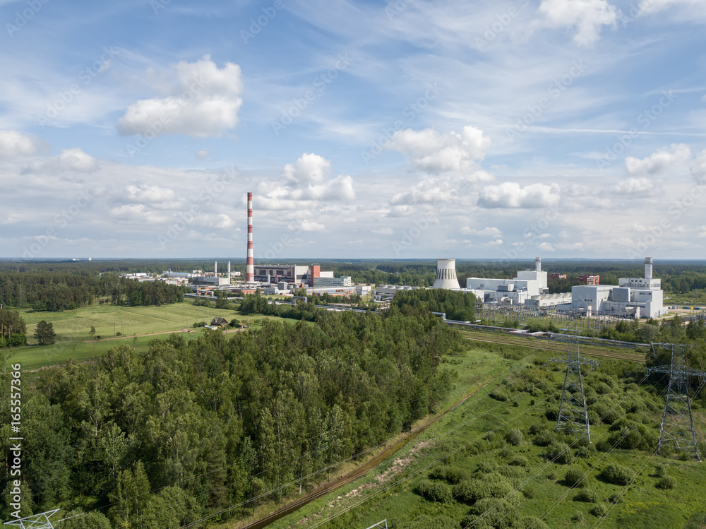 Aerial view of Riga TEC -2 Electricity power station drone top view