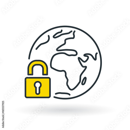 Simple planet icon with yellow secure lock sign