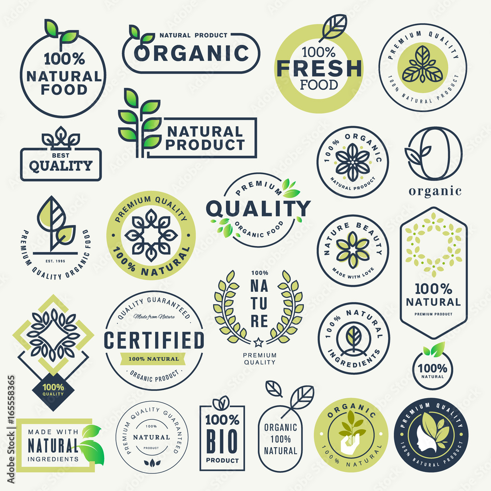 Set of labels and stickers for organic food and drink, and natural products. Vector illustration concepts for web design, packaging design, promotional material. - obrazy, fototapety, plakaty 