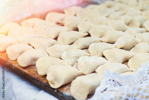 Food Background - Dumplings on the wooden cutting board