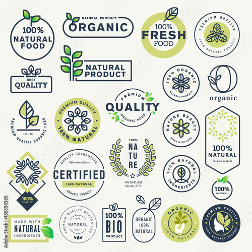 Set of labels and stickers for organic food and drink, and natural products. Vector illustration concepts for web design, packaging design, promotional material.