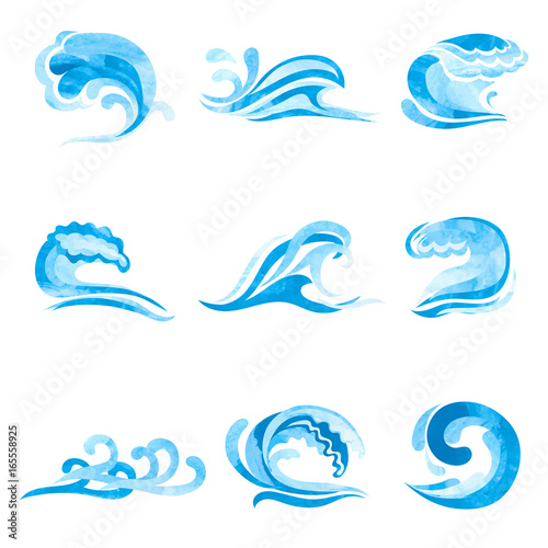 Set of watercolor blue ocean and Sea Waves isolated on white. Vector collection of water logo, swirls, nature symbols.