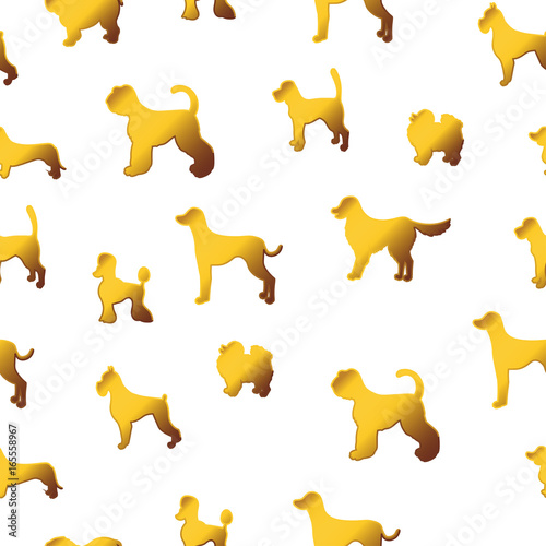 Seamless pattern with cute cartoon gold dog silhouettes. Different breeds.