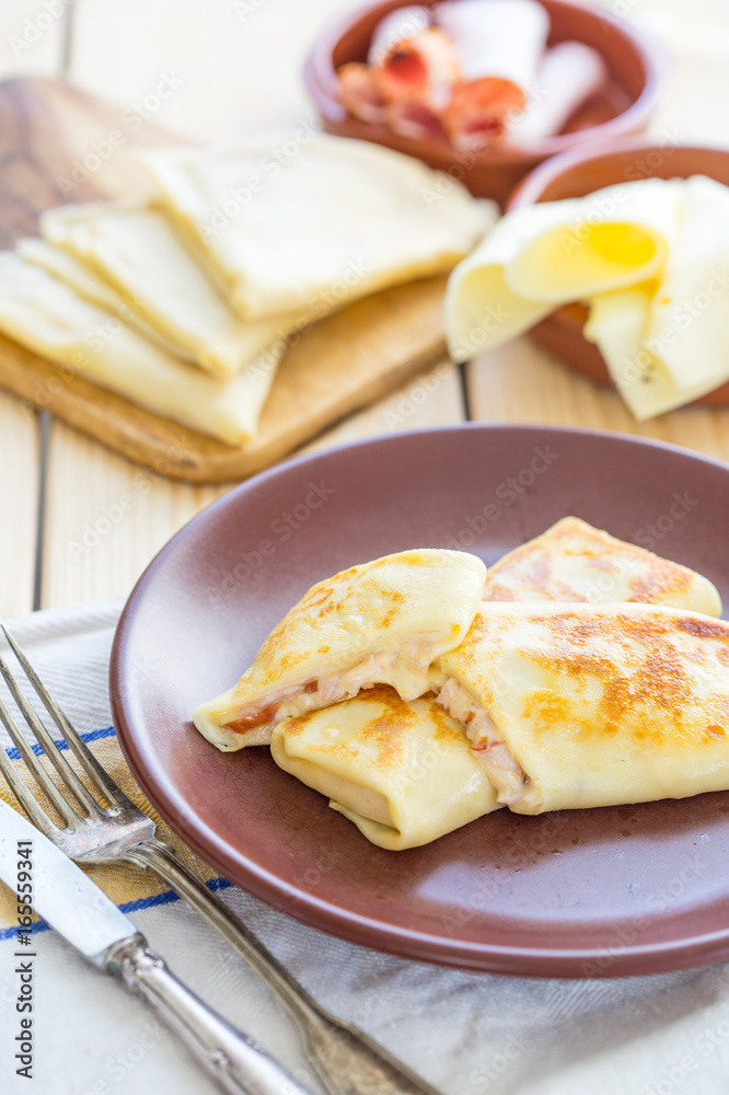 Food, Russian Pancakes Stuffed by Sliced Ham and Cheese, Vertical View