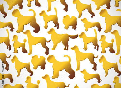 Horizontal card. Pattern with cute cartoon gold dog silhouettes. Different breeds.