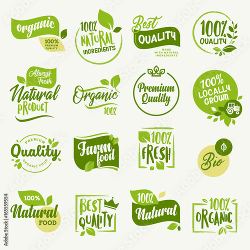 Organic food, farm fresh and natural product signs and elements collection for food market, ecommerce, organic products promotion, healthy life and premium quality food and drink.